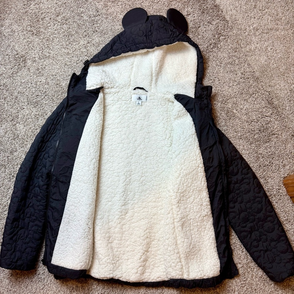 Disney Parks Women’s Mickey Mouse Ears Black Quilted Jacket Sherpa Lining Size L - Picture 9 of 13